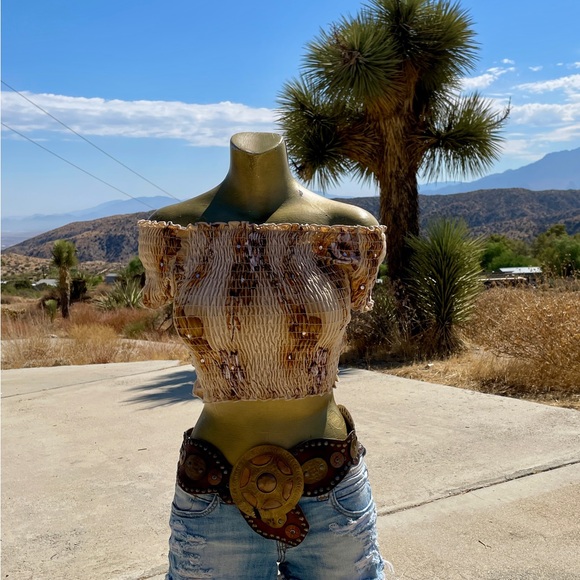 SANS SOUCI Sequin Camo OFF SHOULDER Stretch Fit Crop TOP O/S As-Is - Picture 14 of 16